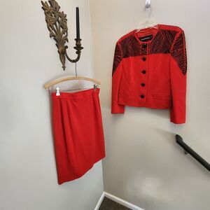 Vtg Louis Feraud Womens Skirt Suit Red Embroidered 100% Wool Old Money Business